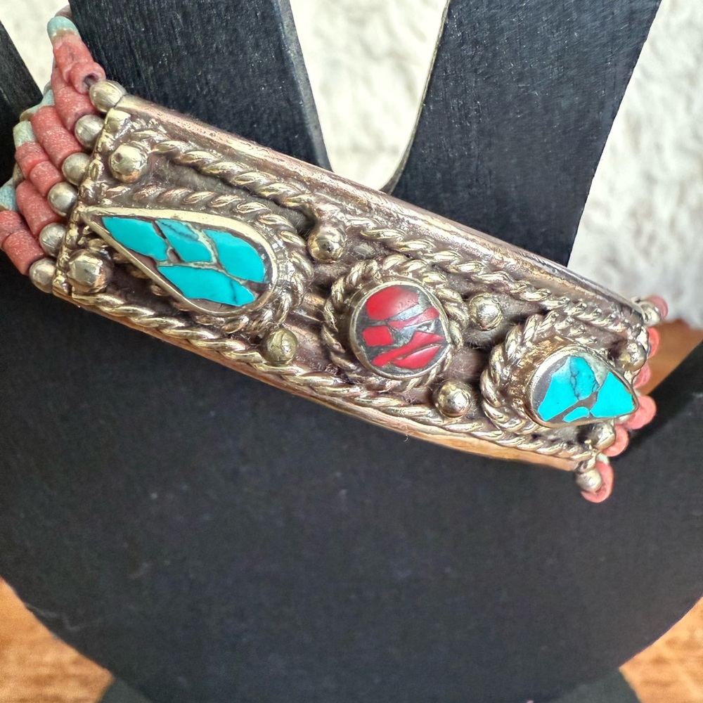 Vintage Tibetan Statement Coral and Turquoise  Bracelet